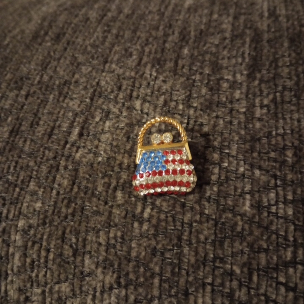 Patriotic Red White and Blue Crystal Handbag Purse Brooch Pin